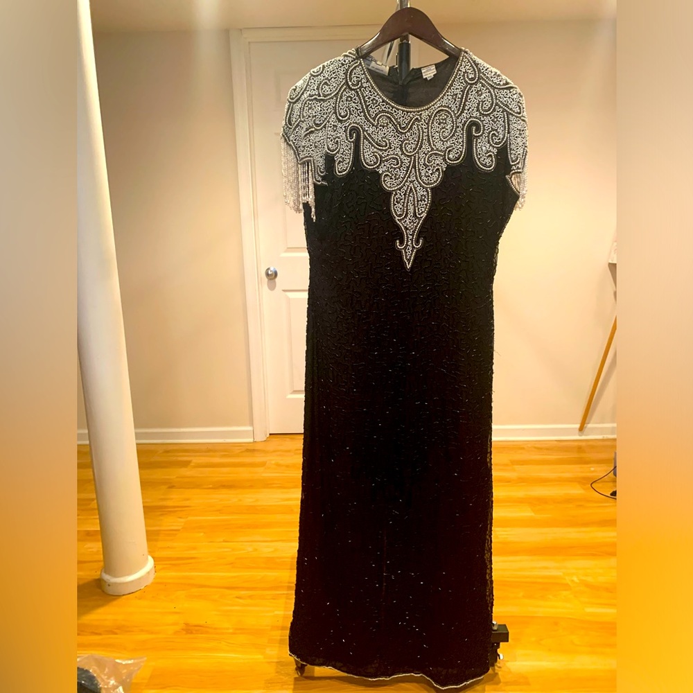 Vintage 80s 90s Black 100% Silk Beaded  Sequin gown size PXL